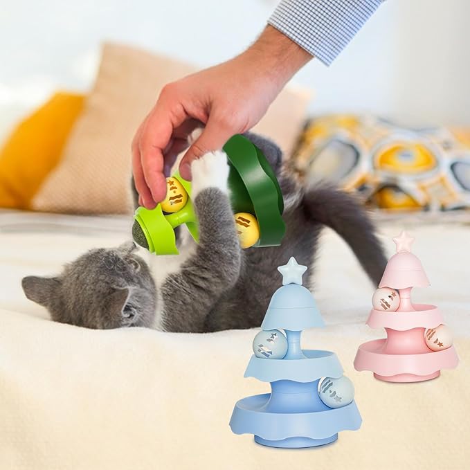 Interactive Cat Toys for Indoor Cats, Teeth Cleaning Dental Chew Catnip Toys, 3 Level Turntable with 3 Track Balls Chase Cat Toy for Kittens - Blue