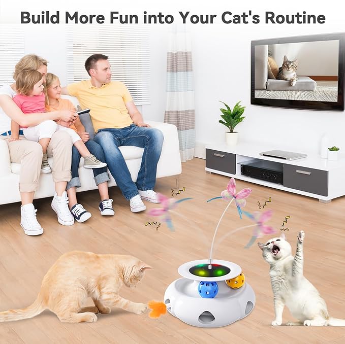 Cat Toys Automatic 3in1 Rechargeable Ambush Feather, Spinning Butterfly, Track Balls, Touch Activated Kitten Toys Interactive Cat Toy for Indoor Cats