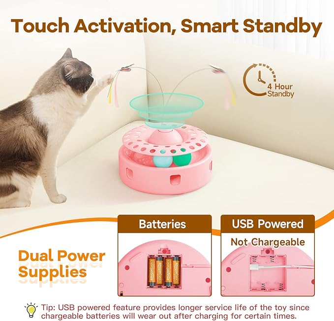 Potaroma Cat Toys 3-in-1 Automatic Interactive Kitten Toy, Fluttering Butterfly, Random Moving Ambush Feather, Track Balls, Dual Power Supplies, USB Powered, Indoor Exercise Cat Kicker (Pink)