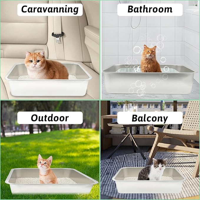 BNOSDM Stainless Steel Litter Box 2 Pcs Cat Litter Pan for Kitten, Pet Metal Toilet Boxes with Non-Slip Foot Mats and Litter Scoop, Easy to Clean (18x14x4)