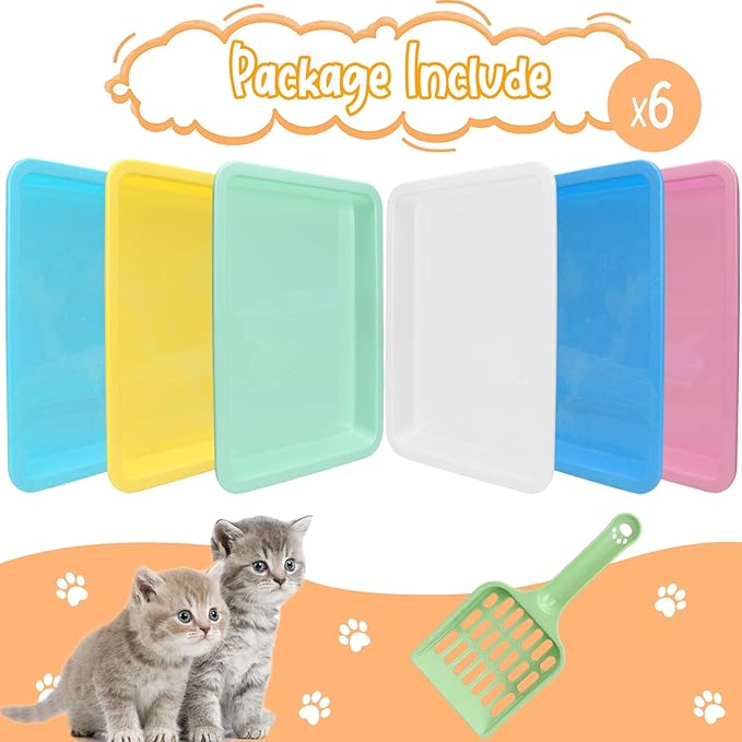 7Pcs Kitten Litter Box Set, Cats Litter Box with Kitten Litter Scoop, Low Entry Litter Boxes for Kittens, Plastic Portable Shallow Litter Pan for Rabbit Guinea Pig Hamster