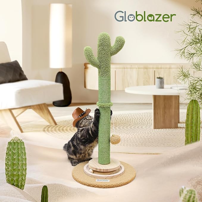 SC30 Tall Scratching Post for Cats, 30in Cactus Cat Scratching Post Cat Scratcher Cute Sisal Large Cat Scratching Post with Modern Wooden Ball Tracking Interactive Toys