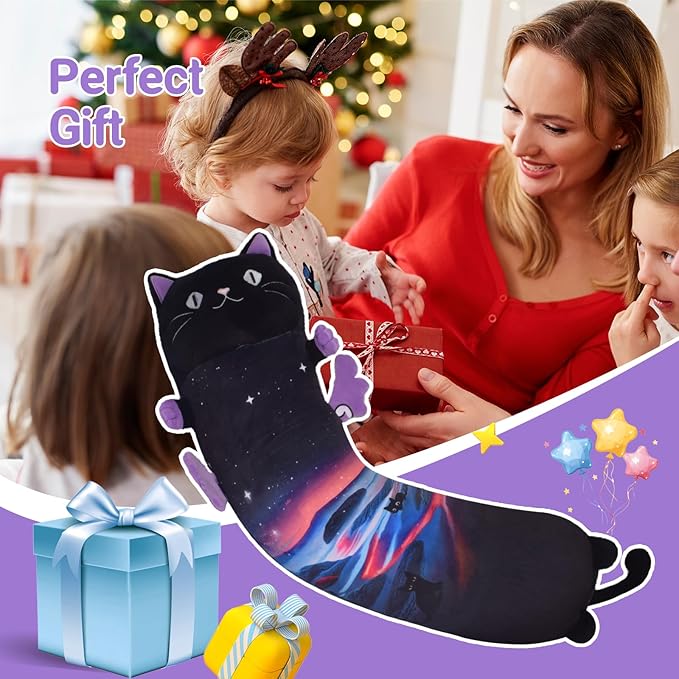 Long Cat Plush Pillow, 27.6in Cute Purple Cat Plushie Stuffed Animals Body Pillow with Wing, Kawaii Kitten Soft Plushie Doll Toy Birthday Gift for Kids Girlfriend