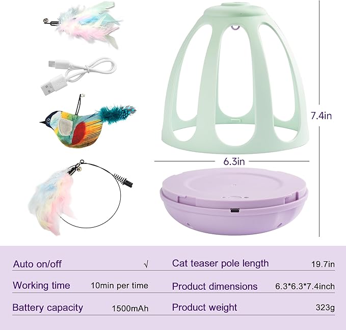 Interactive Cat Toys for Indoor Cat Feather Toys,Automatic Chirping Swing Kitten Toys for Cats Self Play,Flapping Bird Cat Toy,Rechargeable,Birdcage Cat Teaser Toy