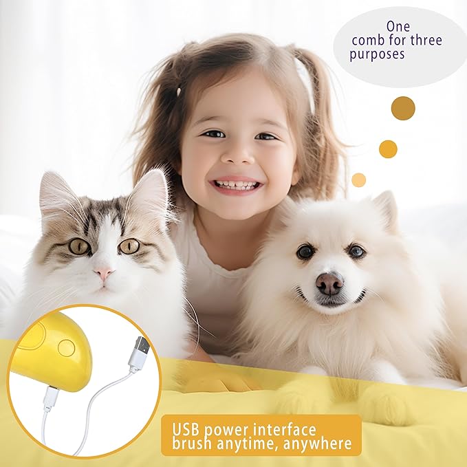 3 in 1 Self-Cleaning Steamer for Cats, Dogs, and Pets - Grooming Brush for Removing Tangled and Loose Fur (Yellow Banana)