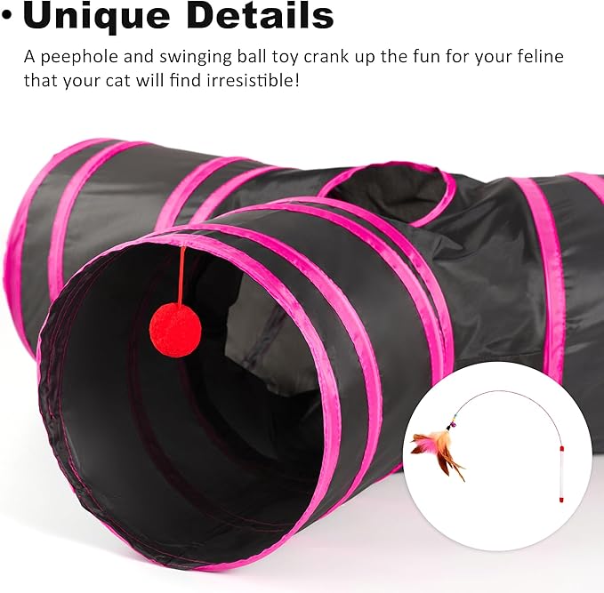 Love's cabin Cat Tunnel Tube Cat Toys 3 Way Collapsible, Cat Tunnels for Indoor Cats,Kitten Tunnel Bored Pet Cat Play Tunnel with Peek Hole Toy Ball for Cat, Kitty, Kitten, Rabbit, Puppy Red