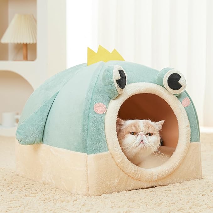Jiupety Cat Beds for Indoor Cats, Cute Cat House for Cats and Puppy, Cute Cat Cave Bed with Removable Cushion, Large Cat Bed Cat Hideaway, 2-in-1 Cat Tent, M(17" × 17" × 17"), Green.