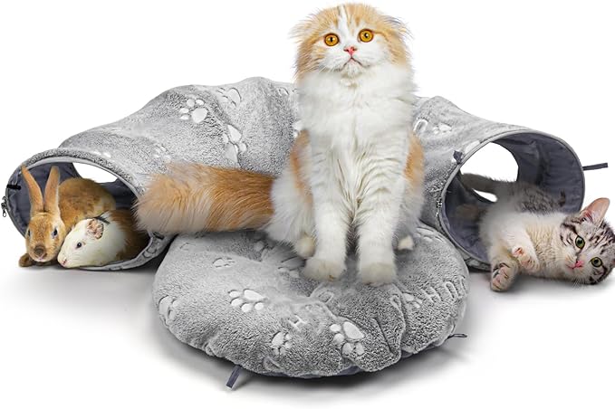Cat Tunnel Bed, Cat Tunnels for Indoor Cats, Cat Donut Tunnel Toys, Cat Tubes and Tunnels, Self-Luminous Collapsible Tunnels with Plush Cover