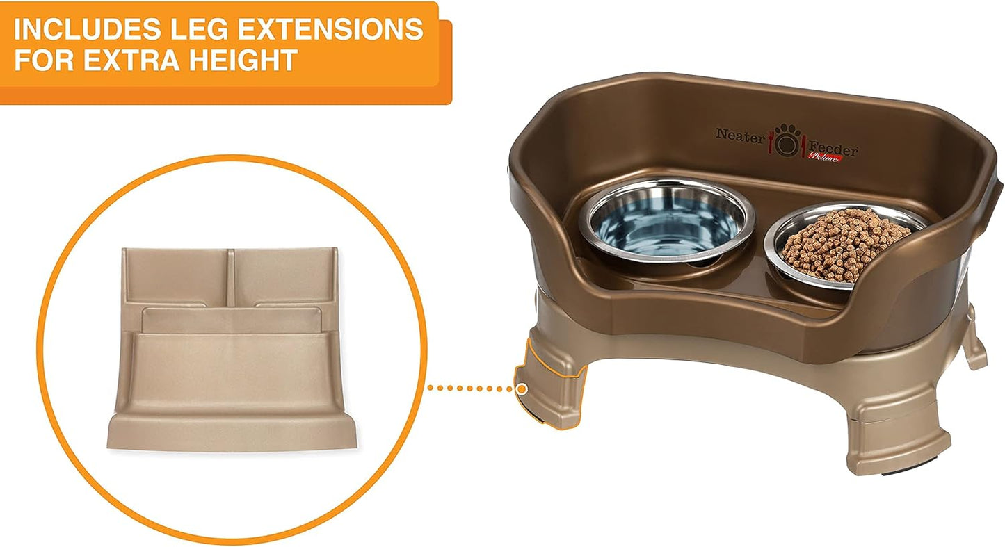 Neater Feeder Deluxe Mess Proof Dog Bowls Elevated for Small Breeds – Made in USA – No Spill Raised Dog Food Bowl Stand w/Leg Extensions – Stainless Steel Dog Food and Water Bowl Set – Bronze