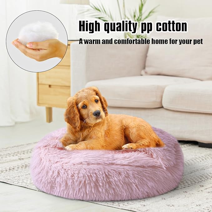 Calming Dog Beds & Cat Cave Bed with Hooded Cover,Washable Round Beds for Small Medium Pets,Anti-Slip Faux Fur Fluffy Coved Bed,Comfortable Warming Pet Bed(24 * 24inch,Light Pink)