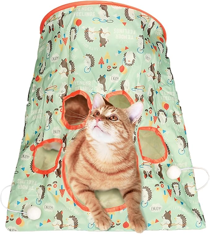 SYCOOVEN Cat Tunnel Bag for Indoor Cats, Pet Collapsible Tunnel Crinkle Sack Bag with 1 Little Mouse & Toy Ball, Crinkle Paper Interactive Cat Toys Hide and Seek(Green Pattern)
