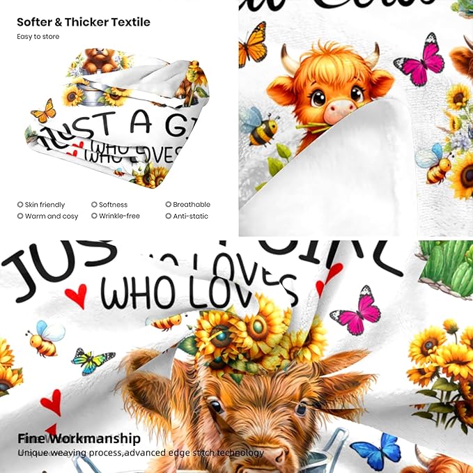 Highland Cow Gifts Sunflower Highland Cow Print Blanket Throw Plush Stuff Cute Animal Butterfly Gifts for Girls Kids Women Adults Highland Cow Lovers Birthday Decorations 50"X40"