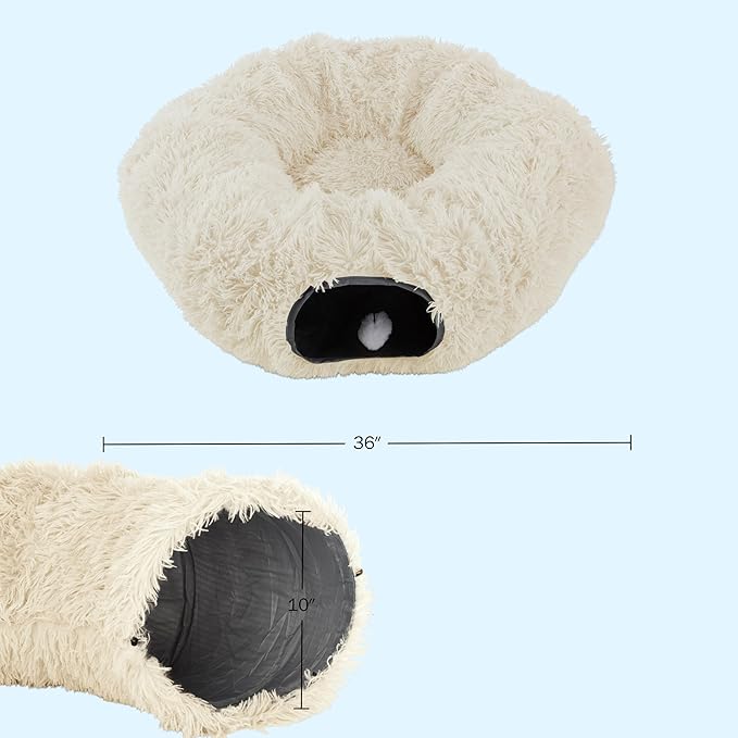 Cat Tunnel with Cat Bed for Indoor Cats - 3FT Multifunctional Cat Tunnel Bed with Cat Toys - Soft, Plush Peekaboo Cat Cave for Kittens, Cats, Ferrets, and Rabbits - Cat Products by PETMAKER (Cream)