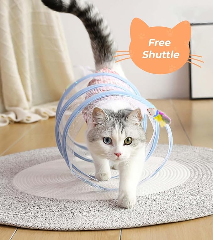 Cat Tunnel - Interactive S Type Folded Spring Toy, for Indoor Cats,Kitties, Rabbit and Small Puppy, Blue