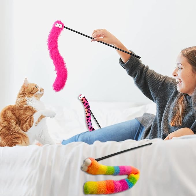 3 Pack Cat Wand Toy, Rainbow Cat Feather Toys with Bells, Cat Teaser Wand with Soft Furry Tail, Interactive Cat Toys for Indoor Cats & Kitten & Kitty