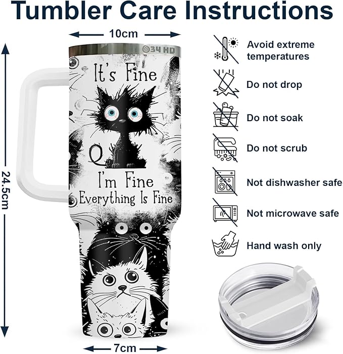 34HD Funny Black Cat Tumbler with Handle and Straw, 40oz Stainless Steel Vacuum Insulated Everything Is Fine Cup, Cat Lover Gifts for Women Birthday Mothers Day Halloween Christmas