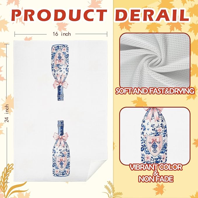 SPBL&L Chinoiserie Decor Kitchen Towels, Blue and White Chinoiserie Champagne Pink Bow Hand Towels for Bathroom, Grandmillenial Decor Dish Towels Tea Towels for Kitchen, 16x24 Inches