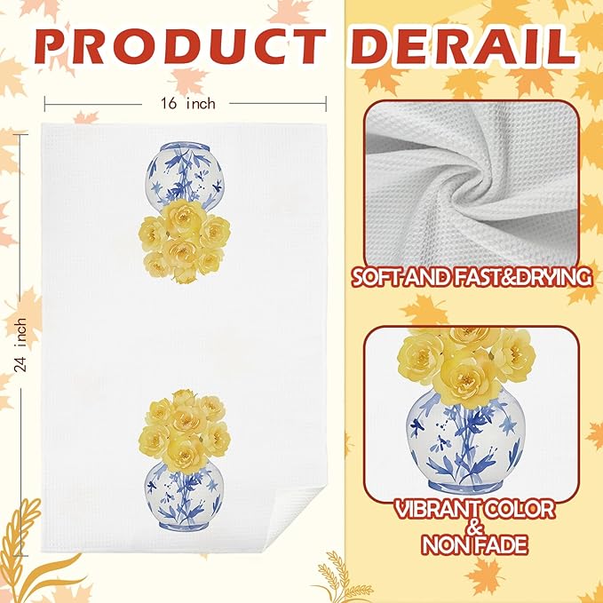 SPBL&L Chinoiserie Decor Kitchen Towels, Blue and White Chinoiserie Vase Yellow Roses Floral Dish Towels for Kitchen, Blue and White Hand Towels for Bathroom, Grandmillenial Decor, 16x24 Inches