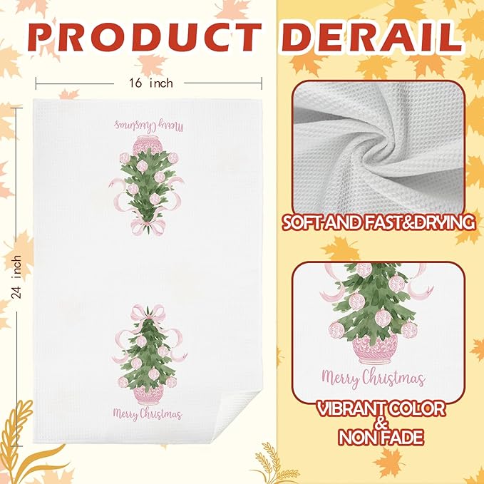 SPBL&L Merry Chinoiserie Christmas Kitchen Towels, Pink Bow Tree Decorative Hand Towels for Bathroom, Dish Towels, Kitchen Bathroom Decor, 16x24 Inch