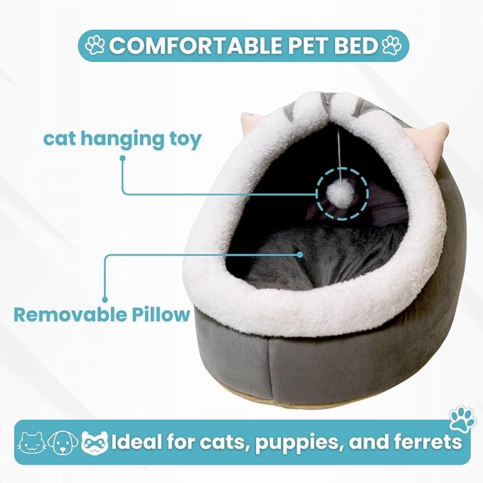 Johanna's Gateau Cat Bed Cave, Covered Cat Bed with Removable Washable Cushioned Pillow, Comfortable Warming Cat Beds for Indoor Cats, grey