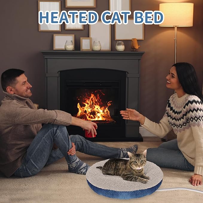 Heated Cat Beds for Indoor Cats Warming Cat Beds Super Soft Machine Washable Thermo Kitty Electric Heating Bed 19 Inches Round