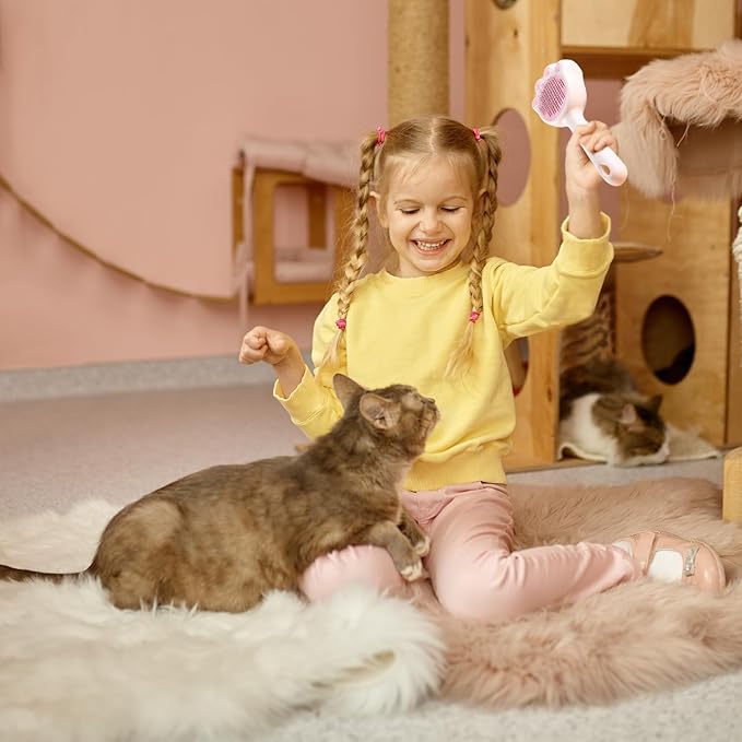 Cat & Dog Brush with Release Button, Shedding Grooming Brush for Indoor Pets, Self Cleaning Hair Comb, Removes Loose Fur & Massages, Orange