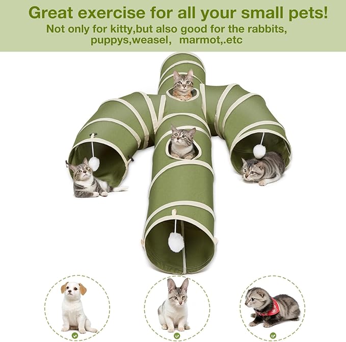 Ownpets Cat Tunnel Large 12 inch Diameter, Cactus-Shaped Cat Tunnel Toy, Sturdy Oxford Fabric Collapsible Cat Tunnels for Indoor Cats, Interactive Peek Hole Pet Tunnel Tube with Cat Wand Toy, Green