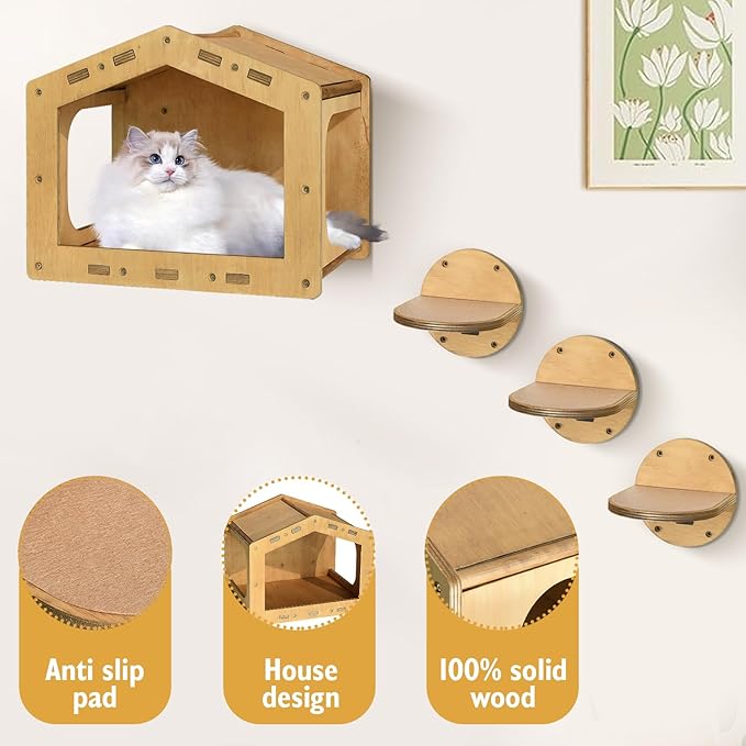 Cat Wall Shelves, Cat Shelves and Perches for Wall, Cat House Fit Cat Up to 25Lbs, 1 Cat Condo House and 3 Large Cat Steps with Scratching Pad, Cat Climbing Shelf for Indoor, Cat Wall Furniture