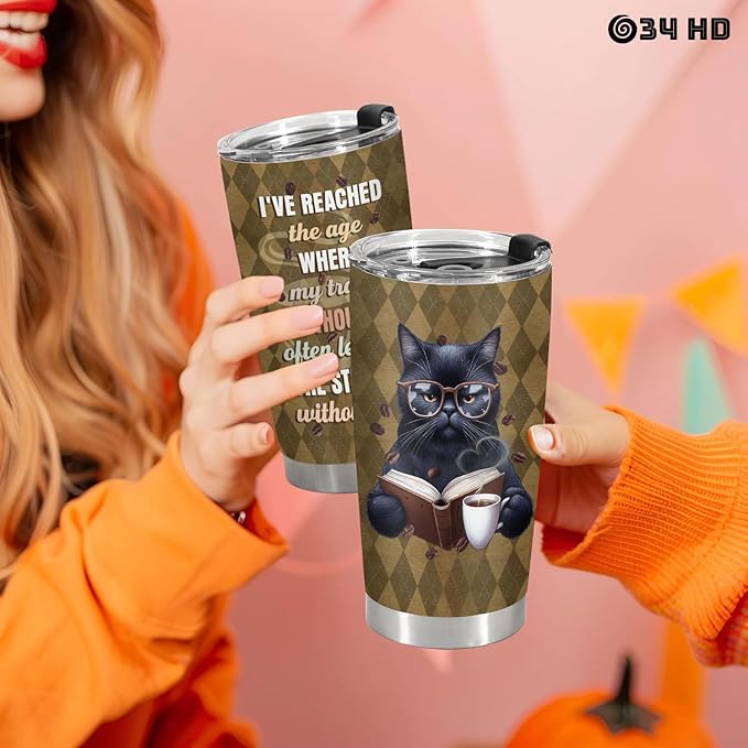 34HD Black Cat Tumbler with Lid, 20oz Stainless Steel Vacuum Insulated Cute Kitty Cup, Reading Coffee Mug with Cats, Funny Cat Gifts for Her Women on Birthday Mothers Day Christmas