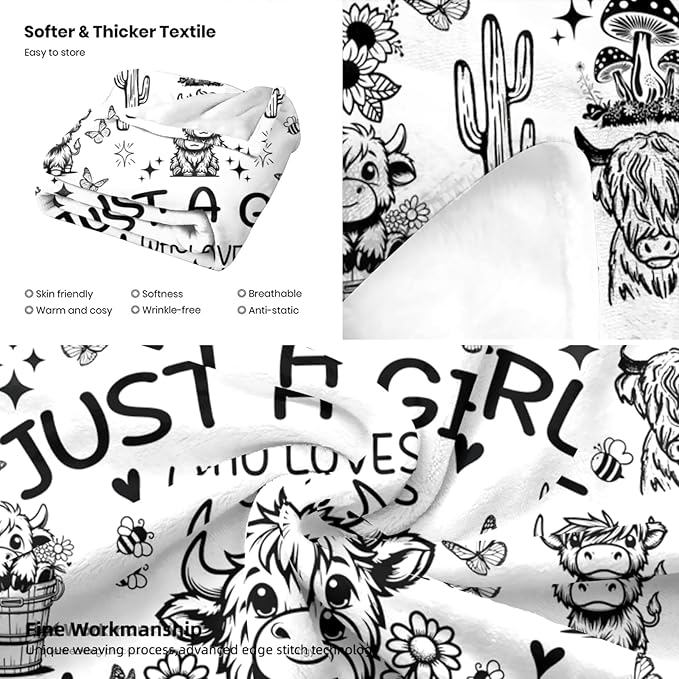 Highland Cow Gifts Sunflower Highland Cow Print Blanket Throw Plush Stuff Cute Animal Butterfly Gifts for Girls Kids Women Adults Highland Cow Lovers Birthday Decorations 50"X40"