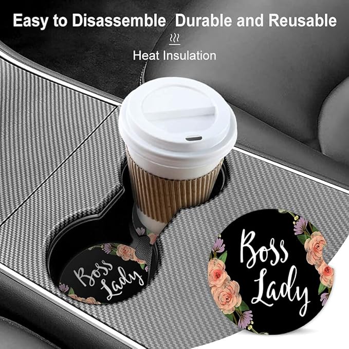 Boss Lady Floral Absorbent Car Coasters,Floral Design Decorative Ceramic Cup Holders Coasters with a Finger Notch for Women Men 2.56"(2 Pieces)