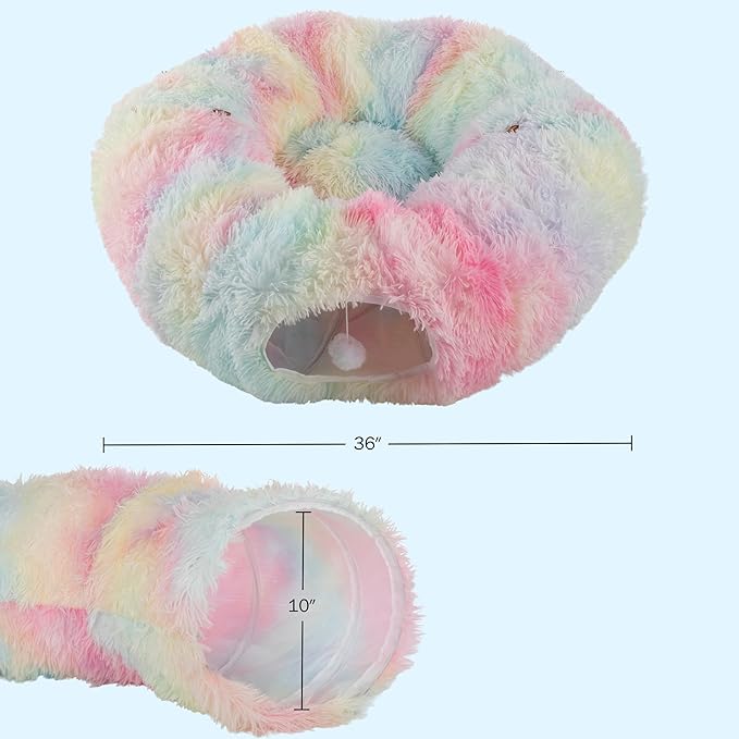 Cat Tunnel with Cat Bed for Indoor Cats - 3FT Multifunctional Cat Tunnel Bed with Cat Toys - Soft, Plush Peekaboo Cat Cave for Kittens, Cats, Ferrets, and Rabbits - Cat Products by PETMAKER (Multi)