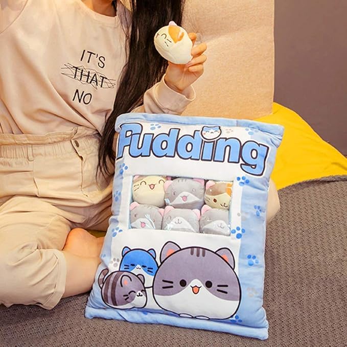 Cute Cat Plush Pillow Toy, 8" Removable Fluffy Animal Doll, Soft Cotton Stuffed Sofa Chair Decor for Kids & Girls