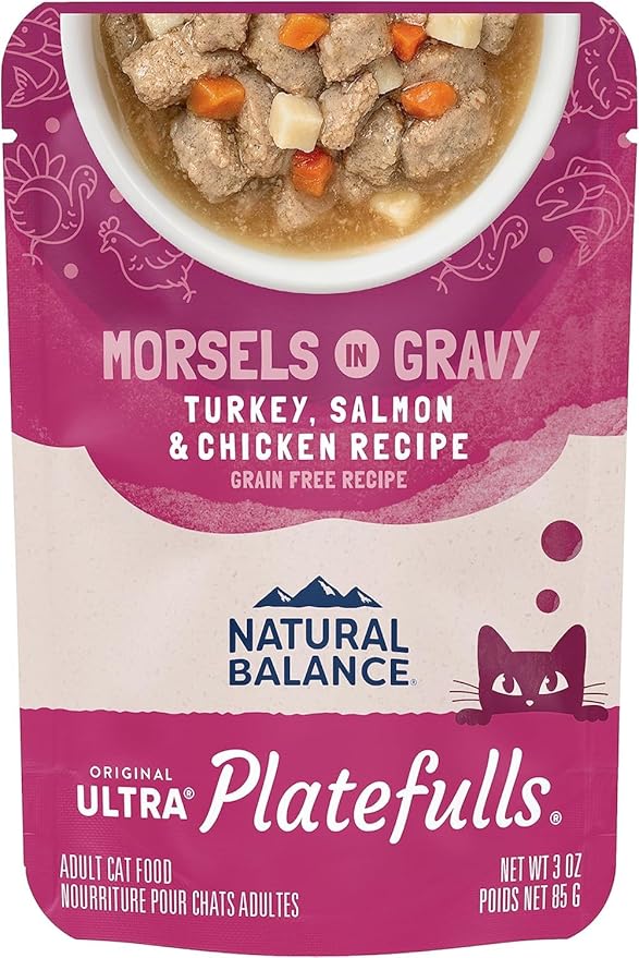 Natural Balance Original Ultra Platefulls Indoor Adult Grain Free Wet Cat Food, Turkey, Salmon & Chicken Recipe, 3 Ounce Pouch (Pack of 24)