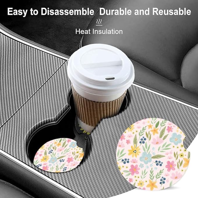 Absorbent Car Cupholder Coaster 2 Pack, Cute Car Coasters with a Finger Notch for Women & Men,2.56" Ceramic Stone & Non-Scratch Cork Base Drink Coasters, Cute Auto Accessories Gifts