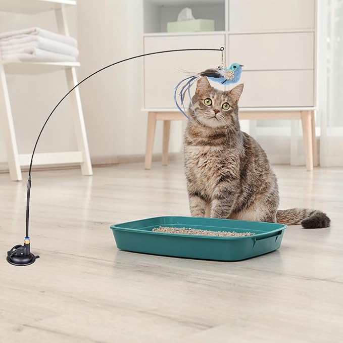 Cat Feather Toys, 10PCS Cat Toys with Super Suction Cup, Detachable 2PCS Cat Wand Toys & 6PCS Replacement Teaser Refills with Bell, Interactive Cat Toy for Indoor Cats Kitten Play Exercise