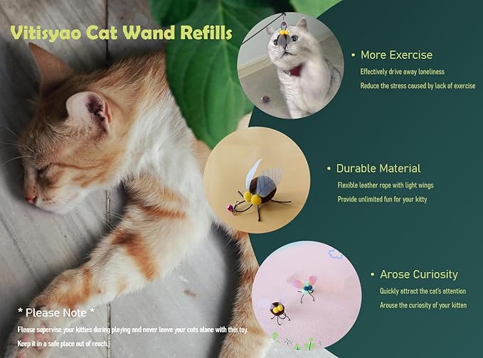 Cat Insect Feather Toys Replacement - 2 Pcs Handmade Natural Fat Flies - Cat Toy Wand Refills - Interactive Kitten Teaser Wand Attachments - Cat Toys for Indoor Cats Play