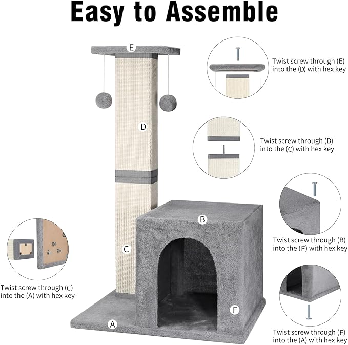 Cat Scratching Post,33-Inch Tall Scratching Posts for Indoor Cats Adults,Cat Tree with Modern Activity House,Heavy Duty Scratching Post with Jumping Platform,Grey