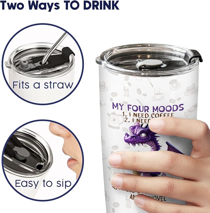 34HD Purple Dragon Tumbler with Lid, 20oz Stainless Steel Vacuum Insulated My Four Moods Coffee Mug, Dragon Gifts for Men Women Best Friend, Funny Birthday Gift Ideas