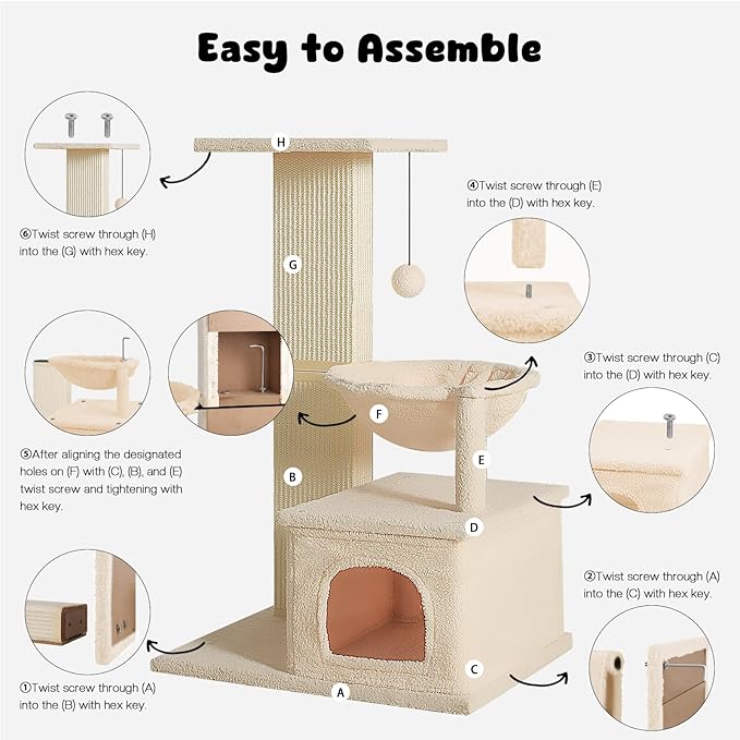 Small Cat Tree, 31 Inches Tall Cat Scratching Post with Perch & Condo & Hammock, Natural Woven Sisal Cat Post Sctacher, Kitten Scratching Posts for Indoor Cats, Cat Scratch Tower, Beige