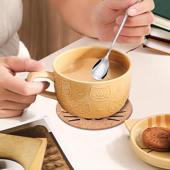 BigNoseDeer 2PCS Cute Cat Tea Cup Ceramic Coffee Mugs with Lid, Dessert Tea Cups and Saucers for Cat Lovers, Christmas Gifts 10oz (Yellow+Brown)