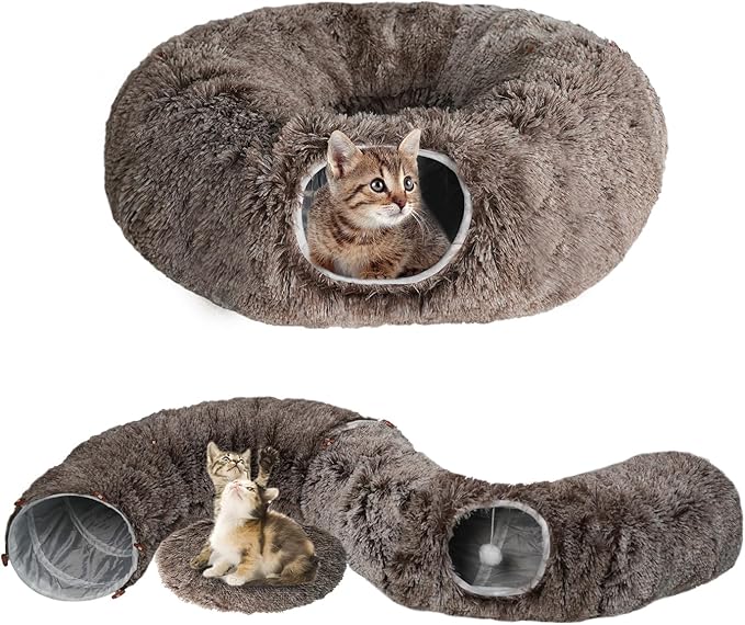 KOMUSMO Cat Tunnel Bed with Central Mat and Hanging Ball Toy, Multifunctional Large Cat Bed Cave Donut for Indoor Cats, Soft Plush Fluffy Collapsible Peekaboo Cave for Small Medium Large Cats Kittens