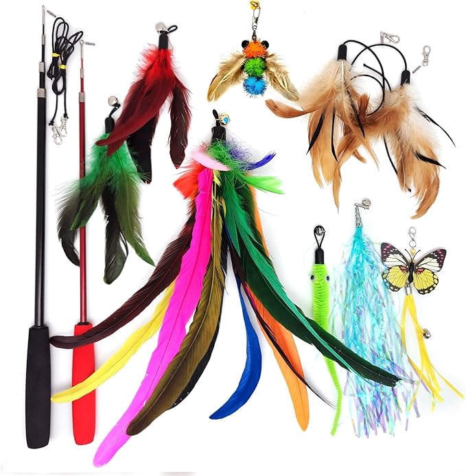 Cat Toy 2PCS Ultra-Long Cat Teaser(50"+38")+9PCS Da Bird Feather Refills,Cat Fishing Pole Toy,Interactive Cat Toys -Retractable Cat Wand Toy and Feather Toys Refills for Indoor Cats