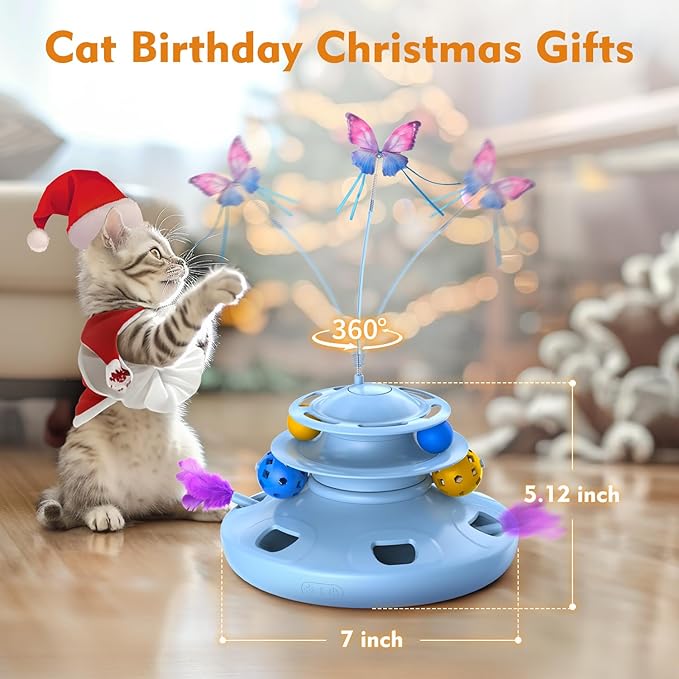 Interactive Cat Toys for Indoor Cats Automatic Cat Toy 4in1 Kitten Toys,Fluttering Butterfly,Random Ambush Feather,Track Balls,Cat Ball Toy for Cat Enrichment USB Charging