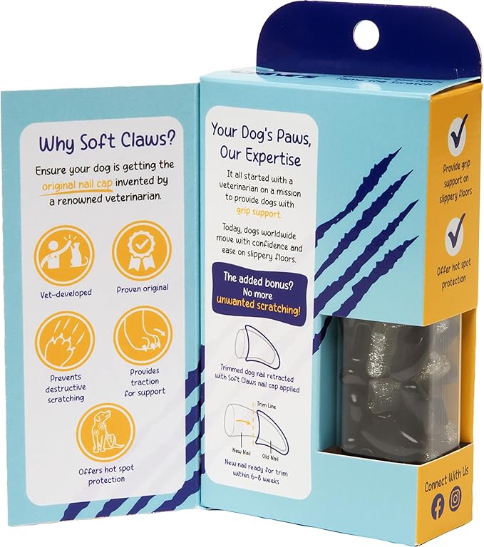 Soft Claws Nail Caps for Dogs with Non-Slip Design Made in USA - 40 Dog Nail Covers for Long-Lasting Protection of Floors and Furniture - Black & Silver Sparkle, XXL