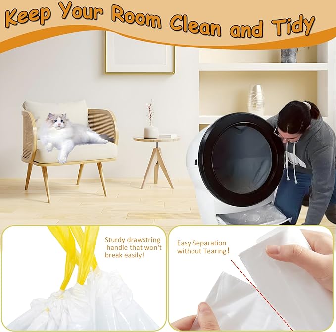 120-Count Cat Litter Box Liners with Drawstring, Compatible with Litter-Robot 3/4, 26.6”X16.7” 2 Mil Thicker Cat Litter Trash Bags, Leak-Proof and Tear-Resistant (26.6”X16.7” 120-Count)