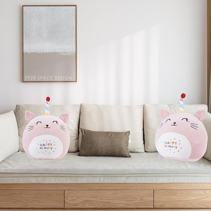 12 Inch Plush Birthday Cat Kitty Stuffed Animal Happy Birthday Cat Hugging Pillow Birthday Cat Plushies Throw Pillow Birthday Pink Cat Kitten Anime Gift for Kids and Lovers