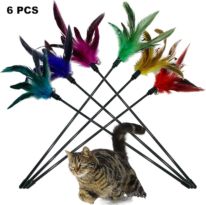 Cat Wand Toy Feather Stick Cat Toys, 6 PCS Cat Feathers Wand Toy, Interactive Cat Toy Feather Wand for Indoor Cats