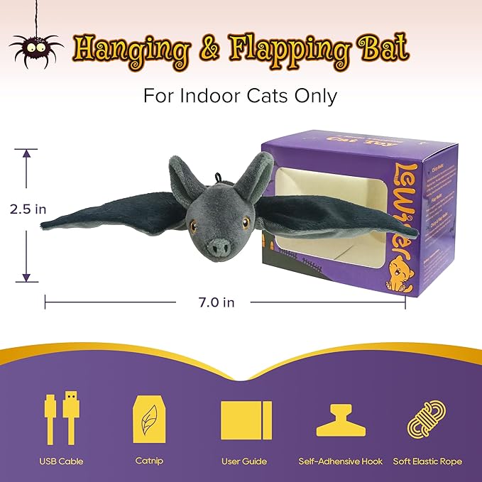 LEWISER Cat Toys, Rechargeable Intelligent Flapping Bat, Suitable for Cat Teaser Stick, Halloween Hanging Interactive Cat Toys for Indoor Cats Chase Exercise, Vivid Chirping, 3 Modes