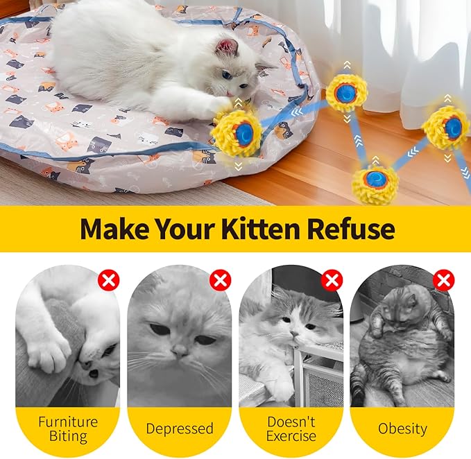 Interactive Cat Toys,Fast Bouncing Ball in Play Mat,Fast Rolling Ball Hide and Seek Game for Indoor Exercise Kicker,Automatic Motion Activated Moving Ball,28 Inch Play Pouch